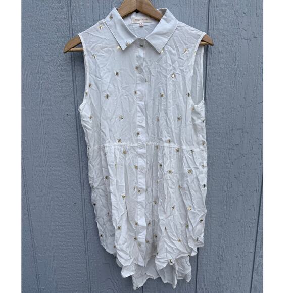 SOLITAIRE boho cream ivory gold metallic bee print inspo sleeveless tunic top - Picture 1 of 6